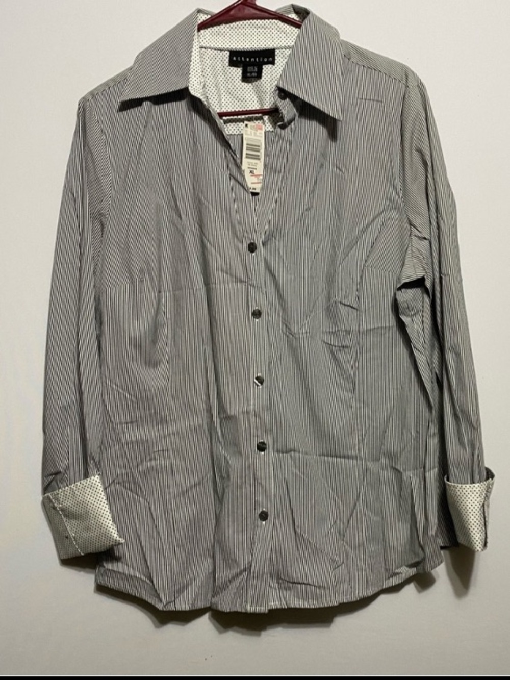 Womens Attention Long Sleeve White Black Striped Button Up Blouse Sz XL Stretch